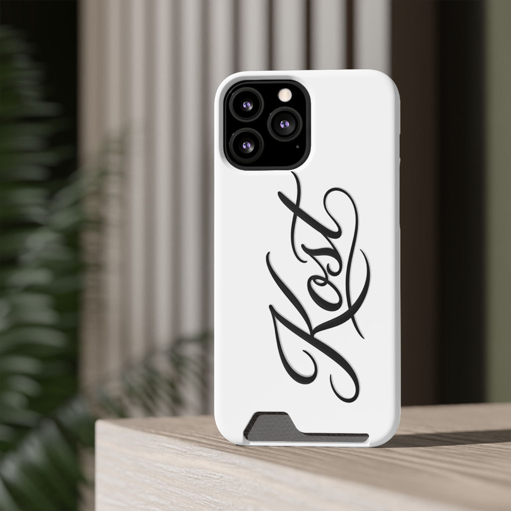 Phone Case with Card Holder – Elegant Black Calligraphy Design