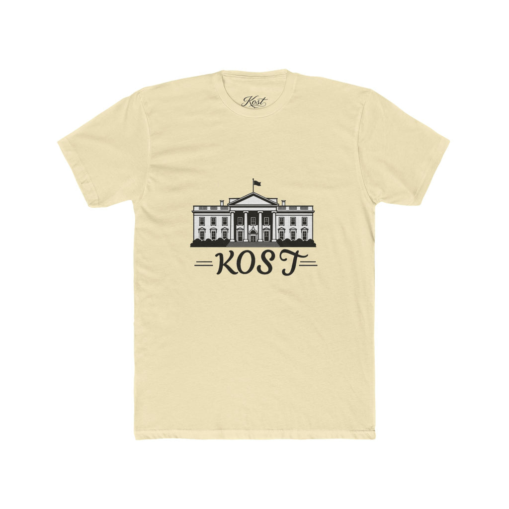White Tee with White House Illustration and "KOST" Script – Patriotic Graphic T-Shirt