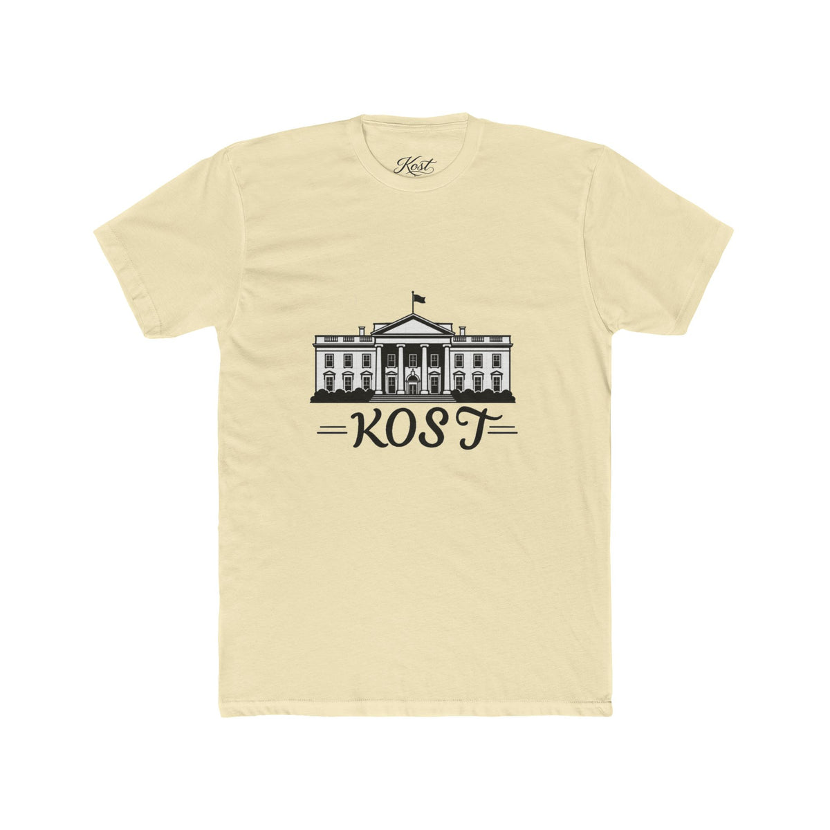 White Tee with White House Illustration and "KOST" Script – Patriotic Graphic T-Shirt