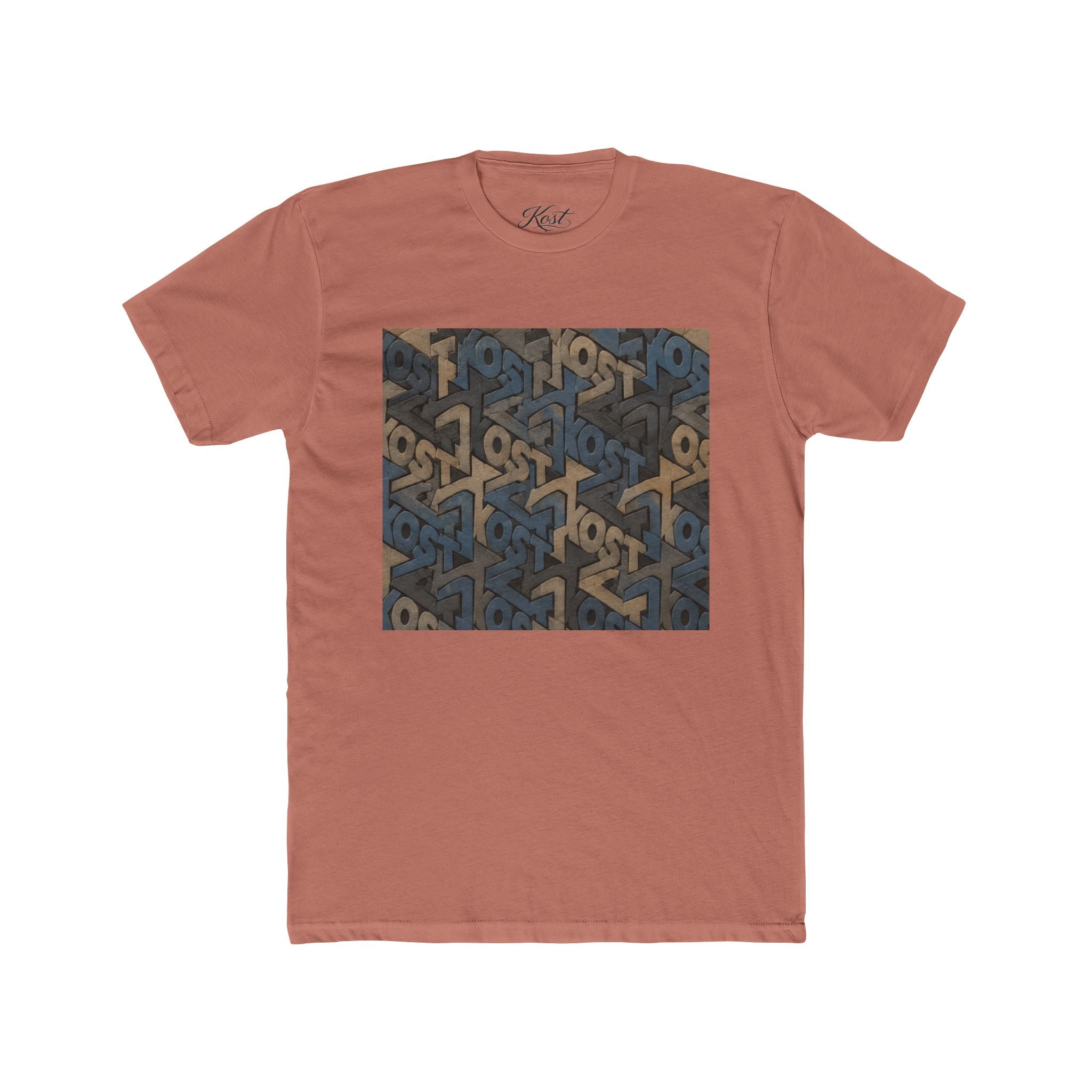 Geometric Maze Graphic Tee — Vintage Blue & Brown Optical Pattern