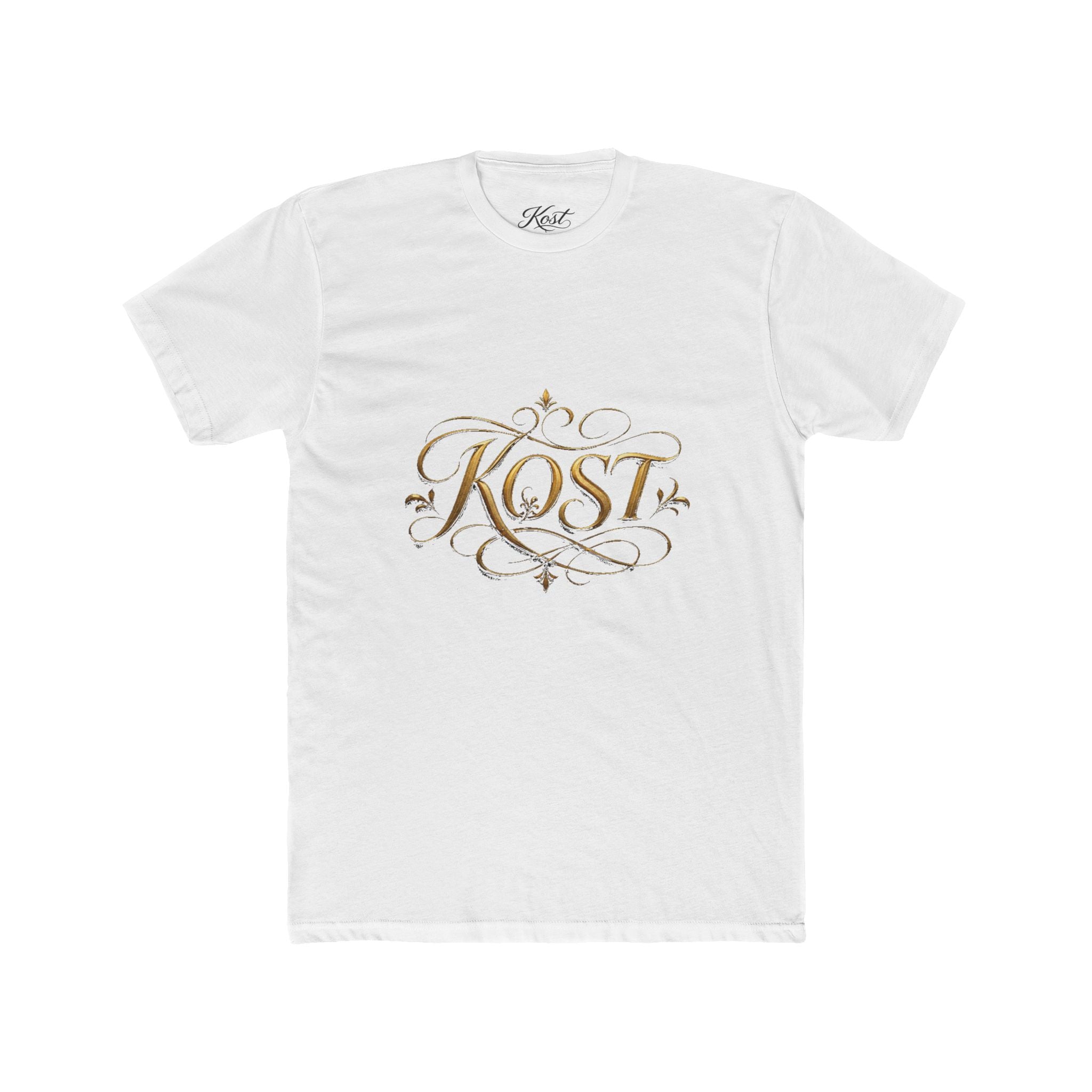 KOST Script Logo Tee — Elegant Gold Calligraphy Cotton T‑Shirt