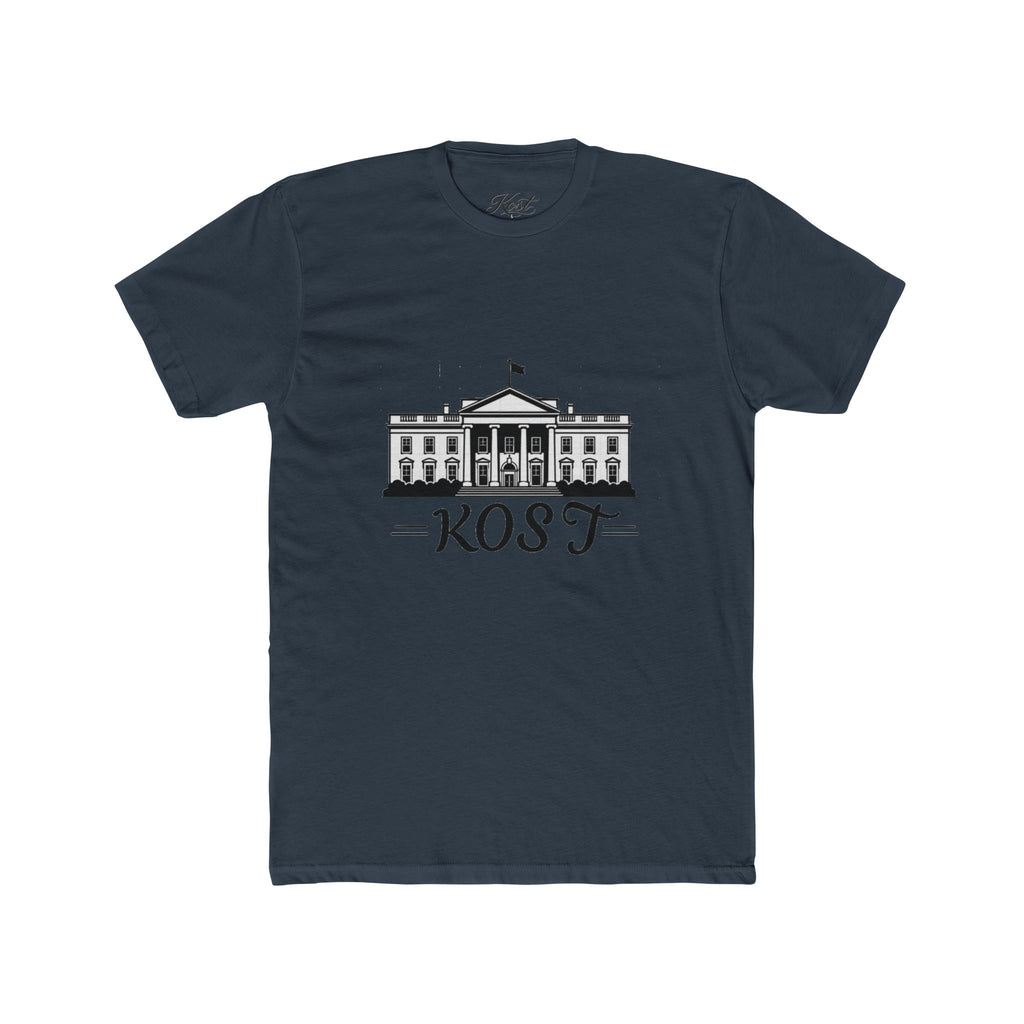 White Tee with White House Illustration and "KOST" Script – Patriotic Graphic T-Shirt