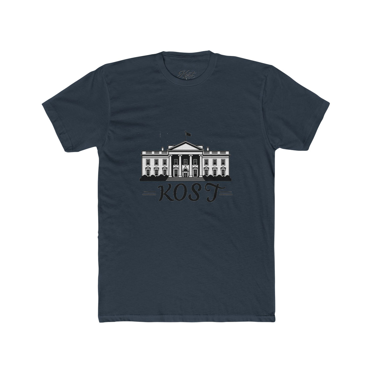 White Tee with White House Illustration and "KOST" Script – Patriotic Graphic T-Shirt