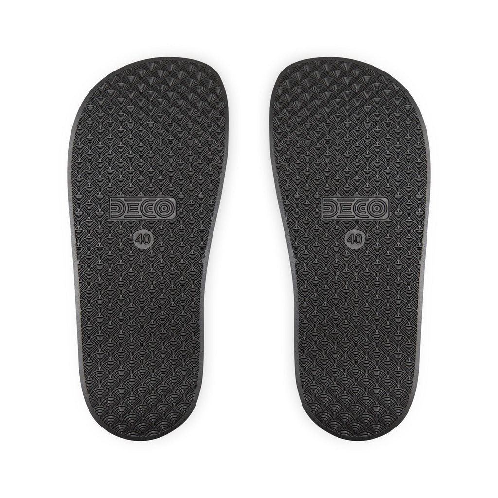 Men’s Removable-Strap Sandals – White Slide Sandals with “JOY” Graphic