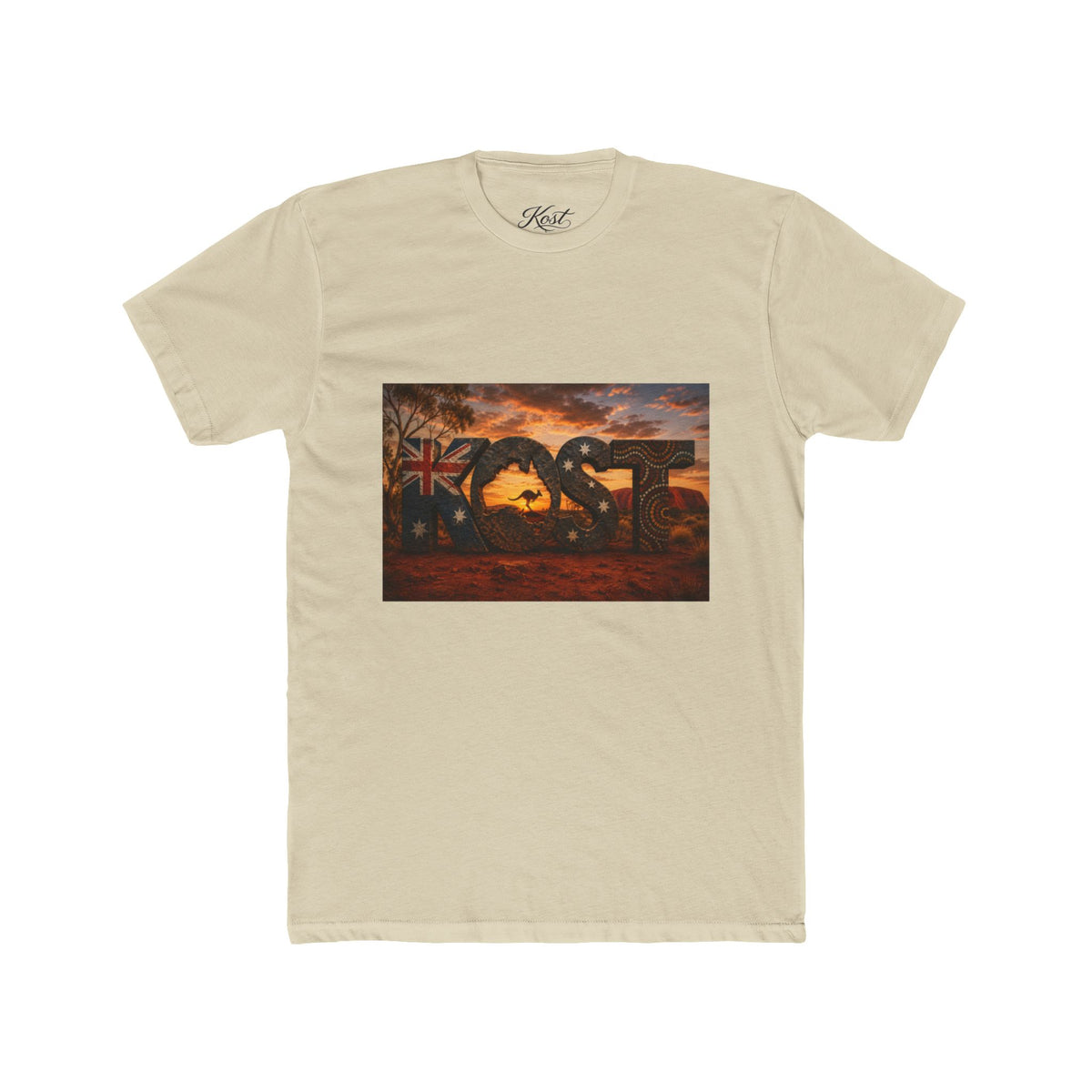 Aussie Sunset Coast T-Shirt — "Aussie" Kangaroo & Boomerang Beach Graphic Tee