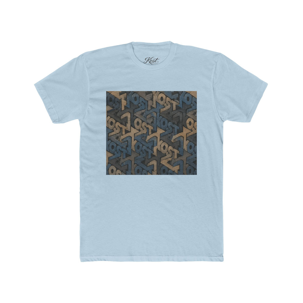 Geometric Maze Graphic Tee — Vintage Blue & Brown Optical Pattern