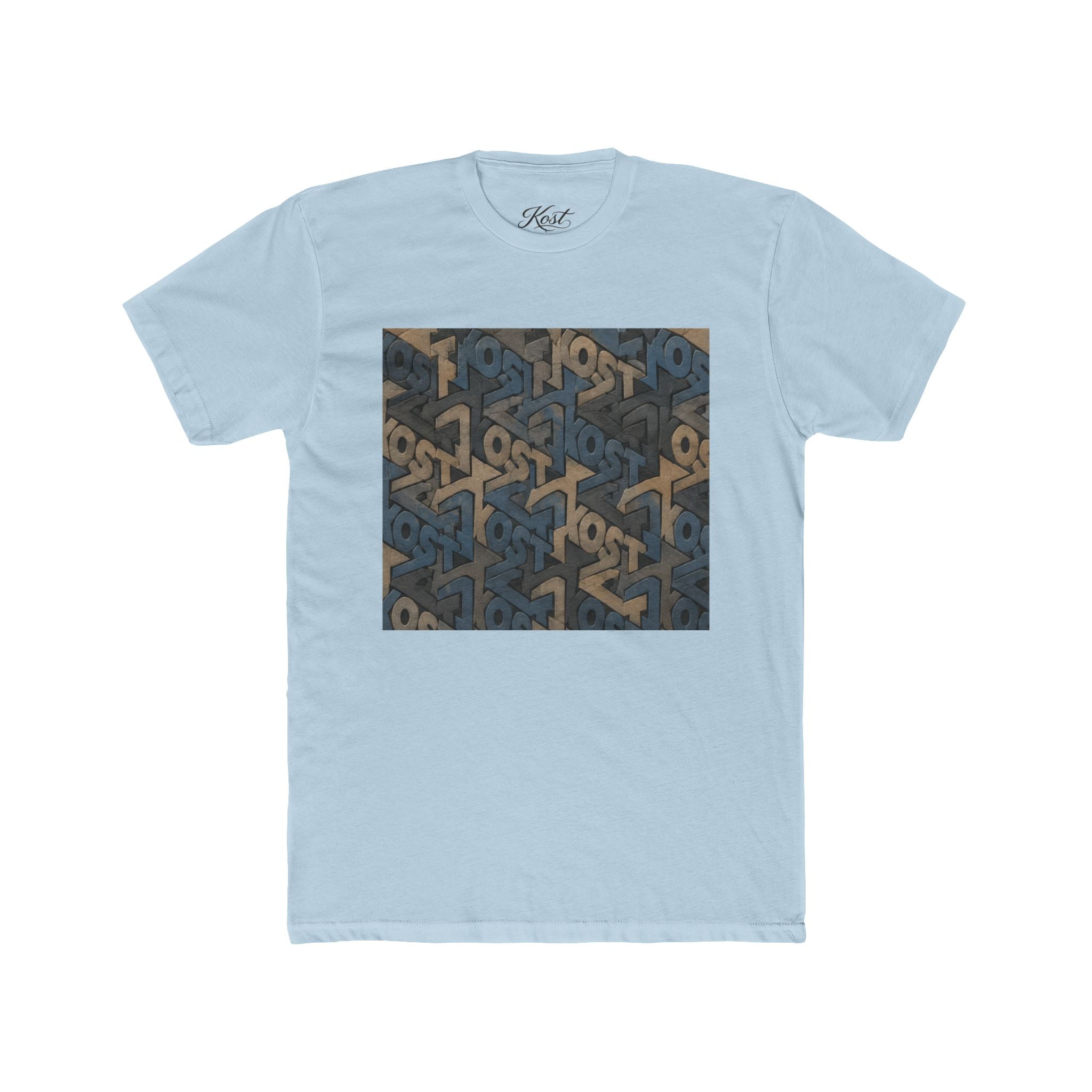 Geometric Maze Graphic Tee — Vintage Blue & Brown Optical Pattern