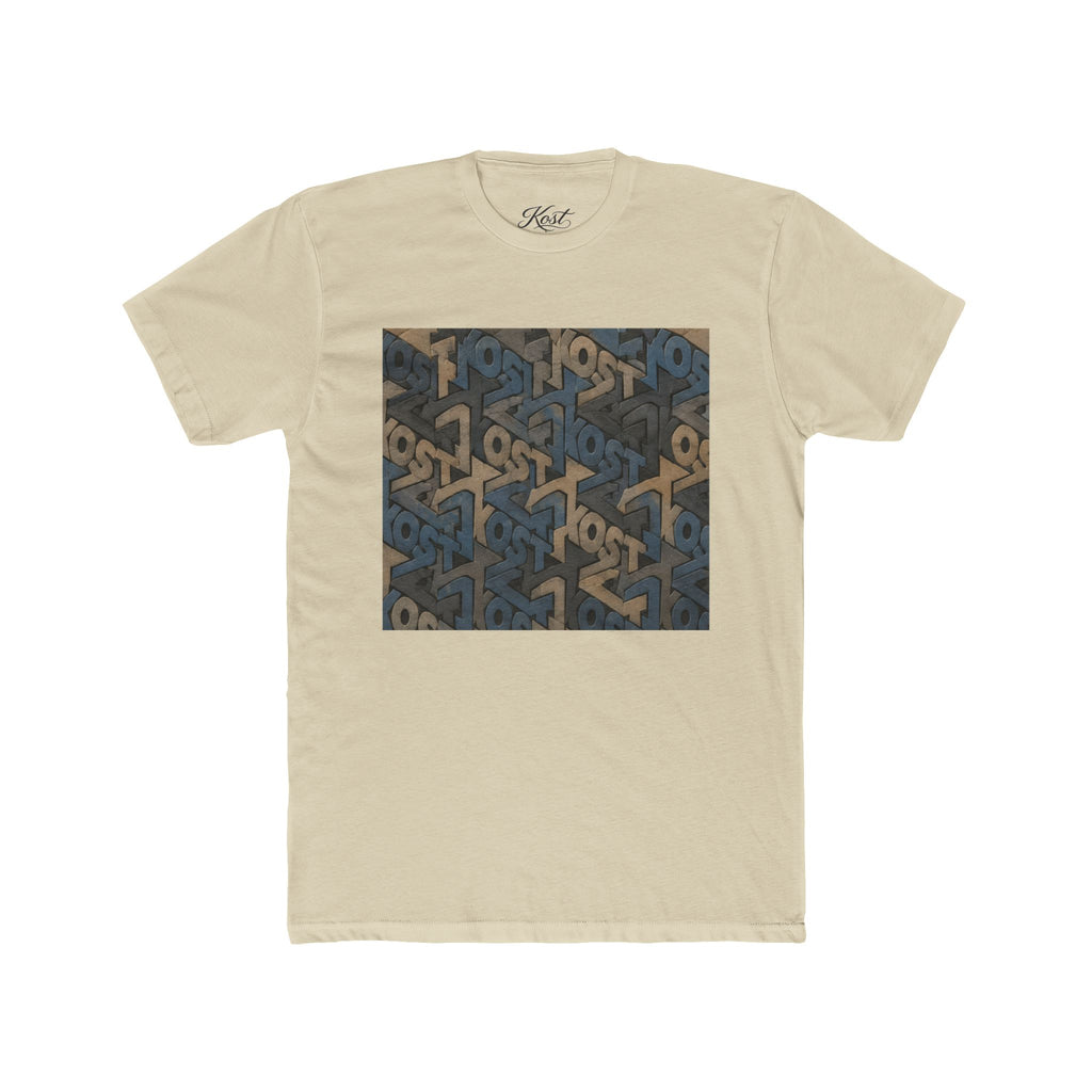 Geometric Maze Graphic Tee — Vintage Blue & Brown Optical Pattern