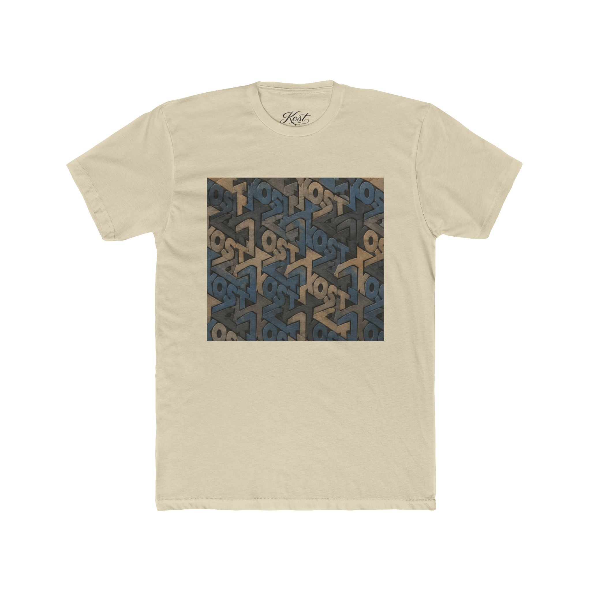 Geometric Maze Graphic Tee — Vintage Blue & Brown Optical Pattern