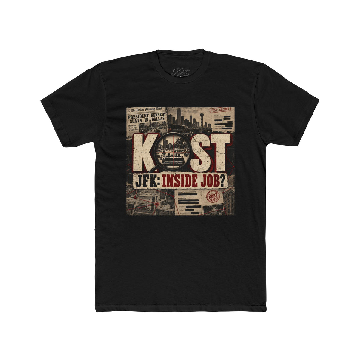 Graphic Tee — 'KOST JFK: Inside Job?' Conspiracy Newsprint Design