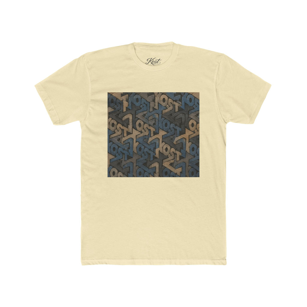 Geometric Maze Graphic Tee — Vintage Blue & Brown Optical Pattern