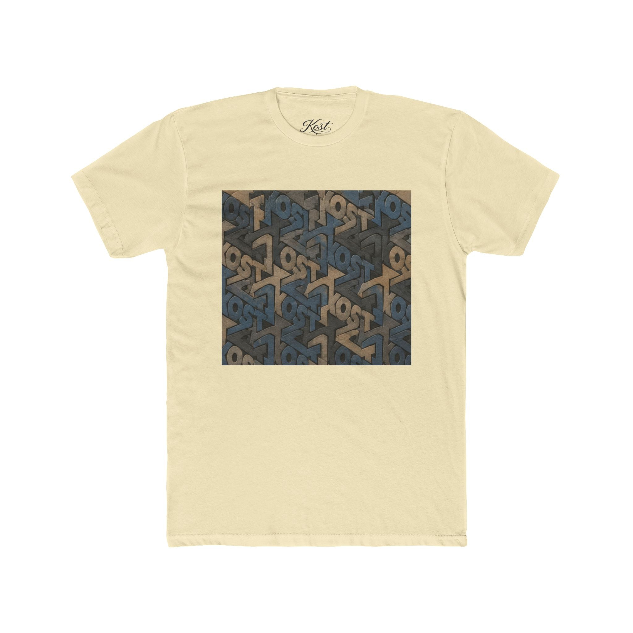 Geometric Maze Graphic Tee — Vintage Blue & Brown Optical Pattern
