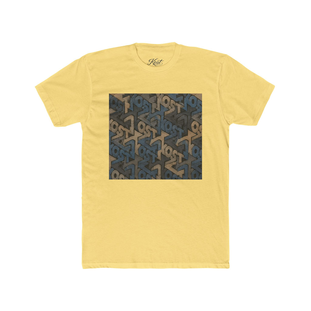 Geometric Maze Graphic Tee — Vintage Blue & Brown Optical Pattern