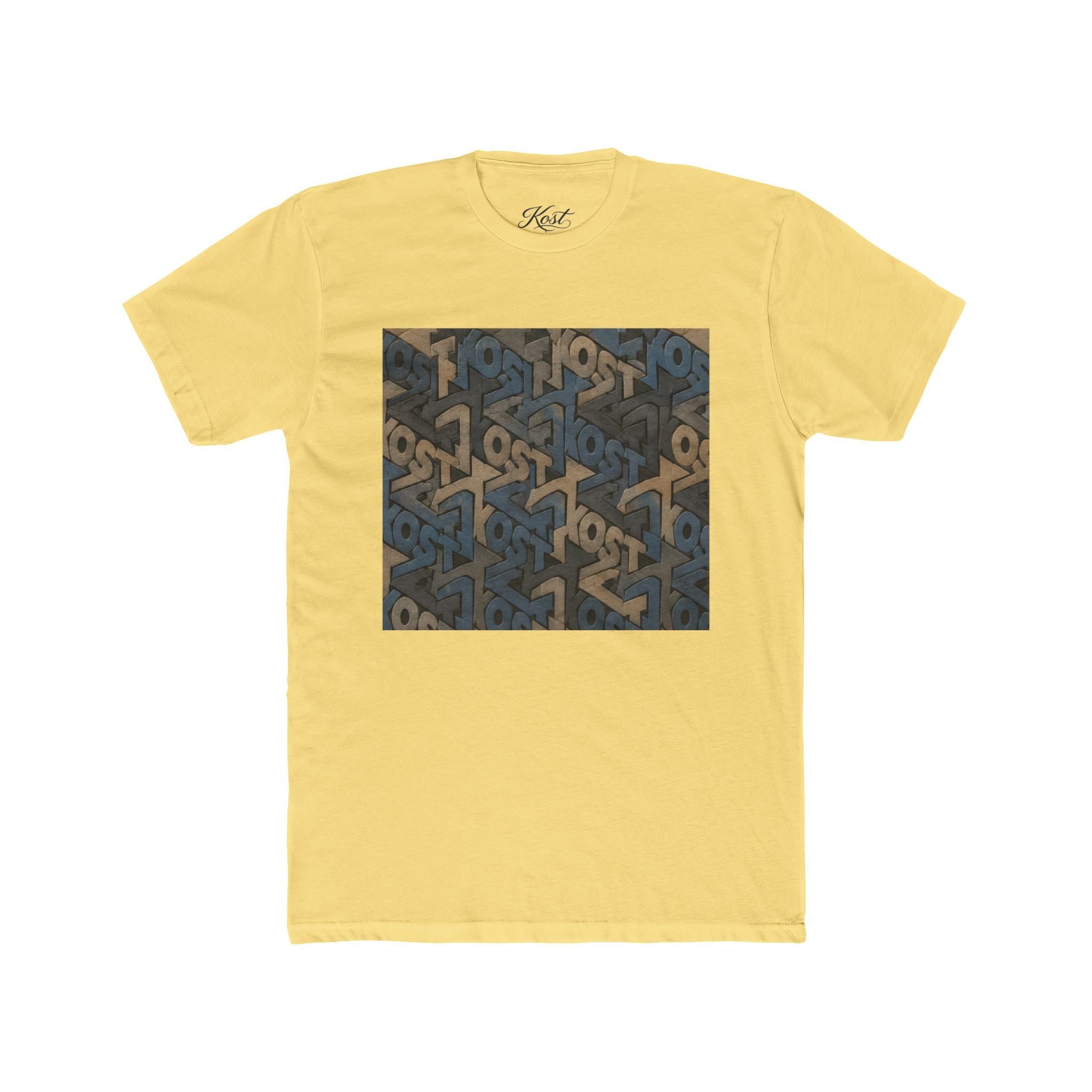 Geometric Maze Graphic Tee — Vintage Blue & Brown Optical Pattern