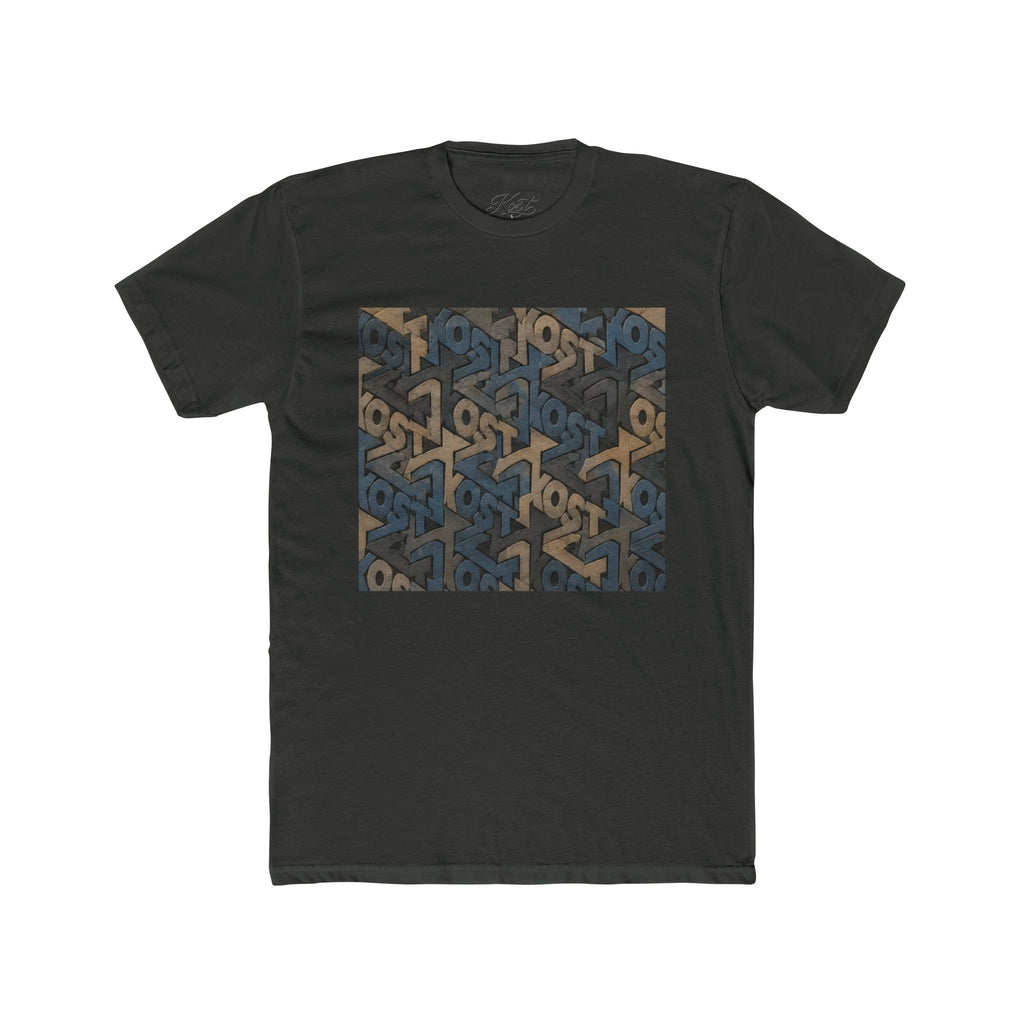 Geometric Maze Graphic Tee — Vintage Blue & Brown Optical Pattern