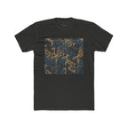 Geometric Maze Graphic Tee — Vintage Blue & Brown Optical Pattern