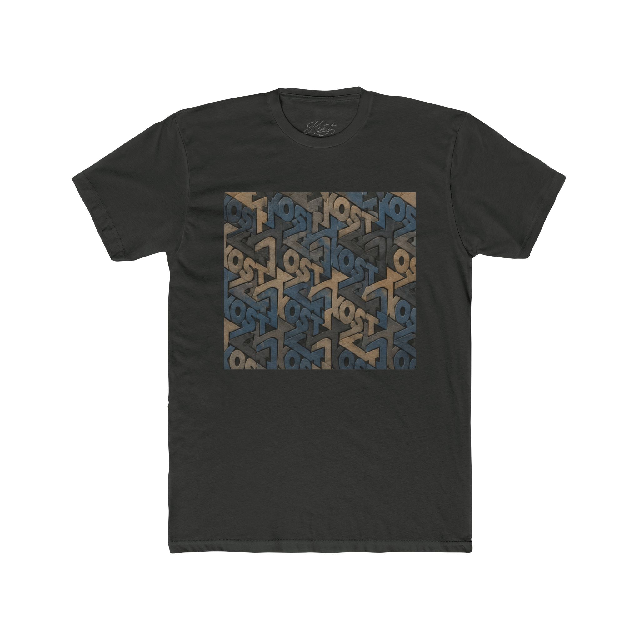 Geometric Maze Graphic Tee — Vintage Blue & Brown Optical Pattern