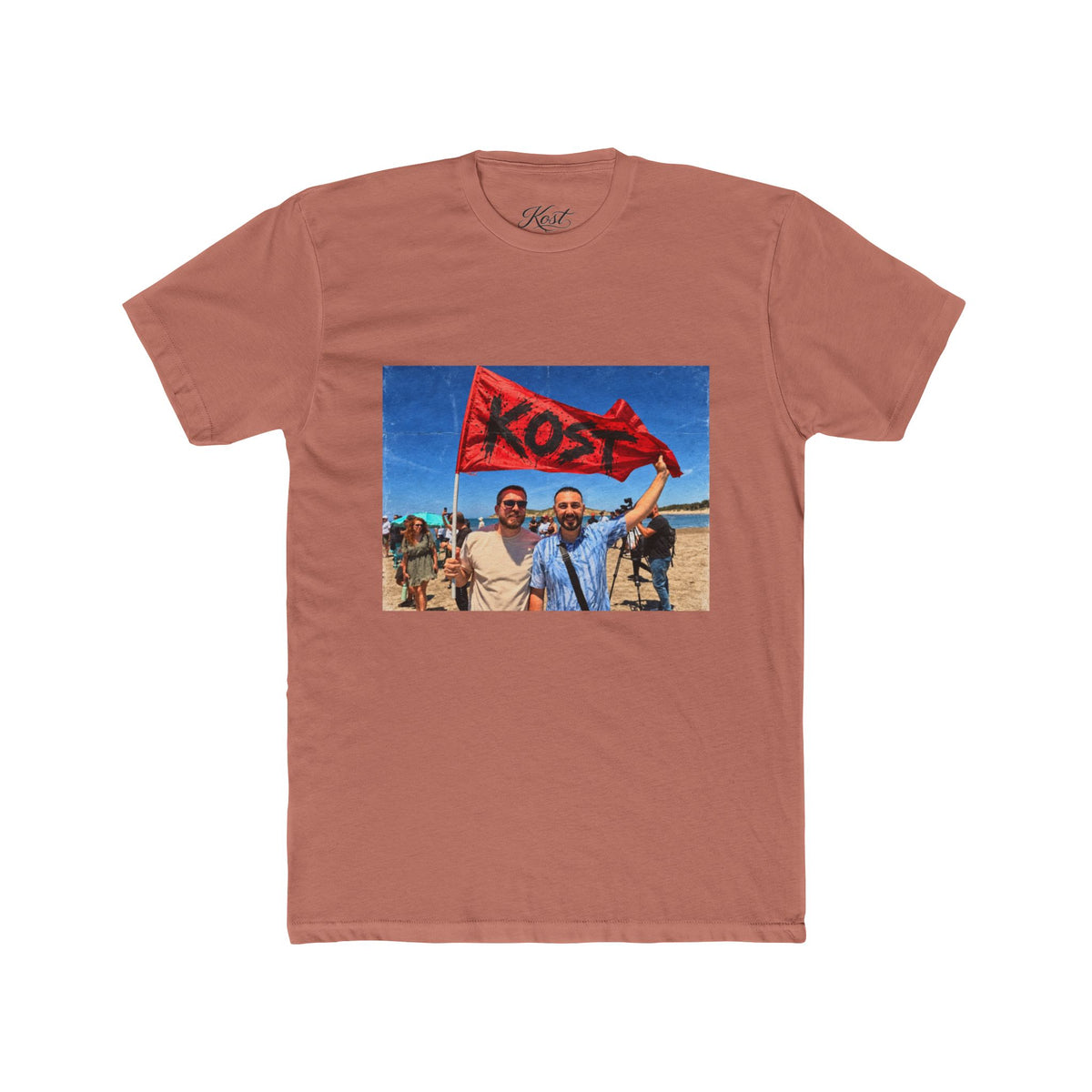 Vintage Road Trip Tee — Friends Holding 'KOS' Flag Photo Print