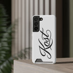 Phone Case with Card Holder – Elegant Black Calligraphy Design