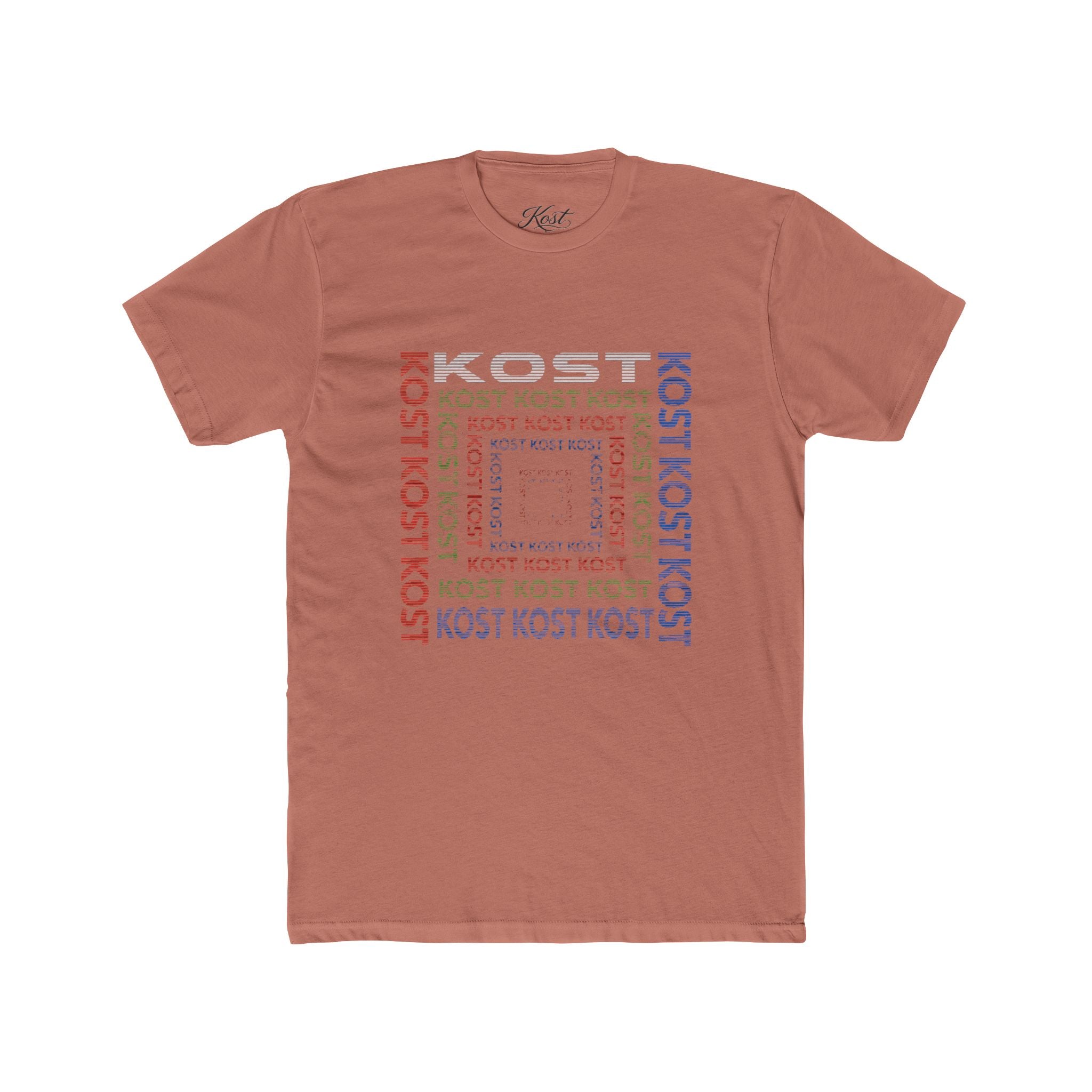 Kost Repeating Text Graphic Tee — Minimal Pastel Square Design
