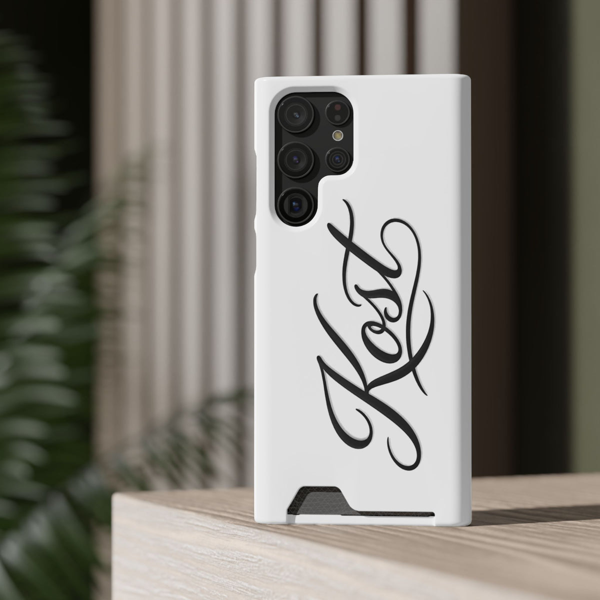 Phone Case with Card Holder – Elegant Black Calligraphy Design