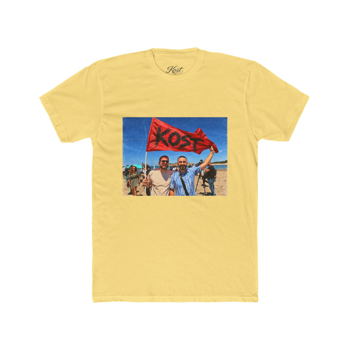 Vintage Road Trip Tee — Friends Holding 'KOS' Flag Photo Print