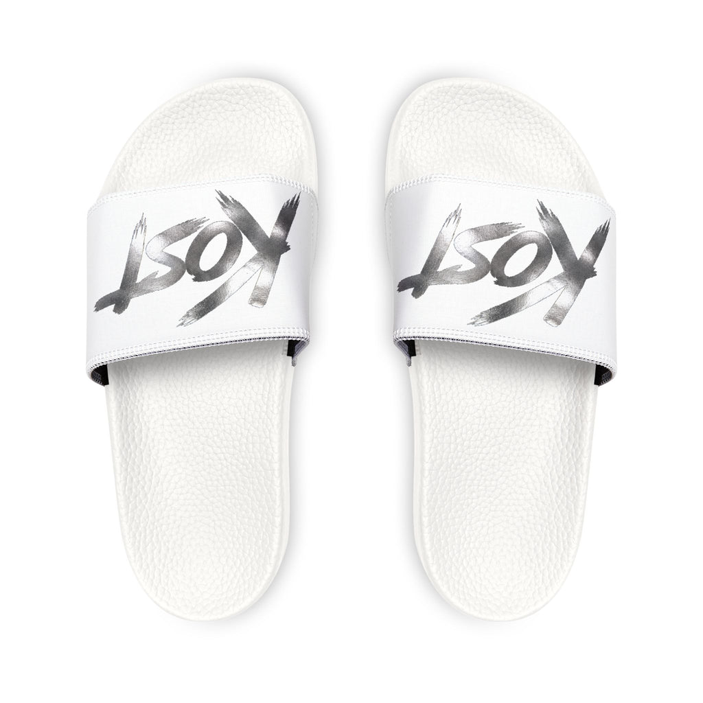 Men’s Removable-Strap Sandals – White Slide Sandals with “JOY” Graphic