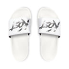 Men’s Removable-Strap Sandals – White Slide Sandals with “JOY” Graphic