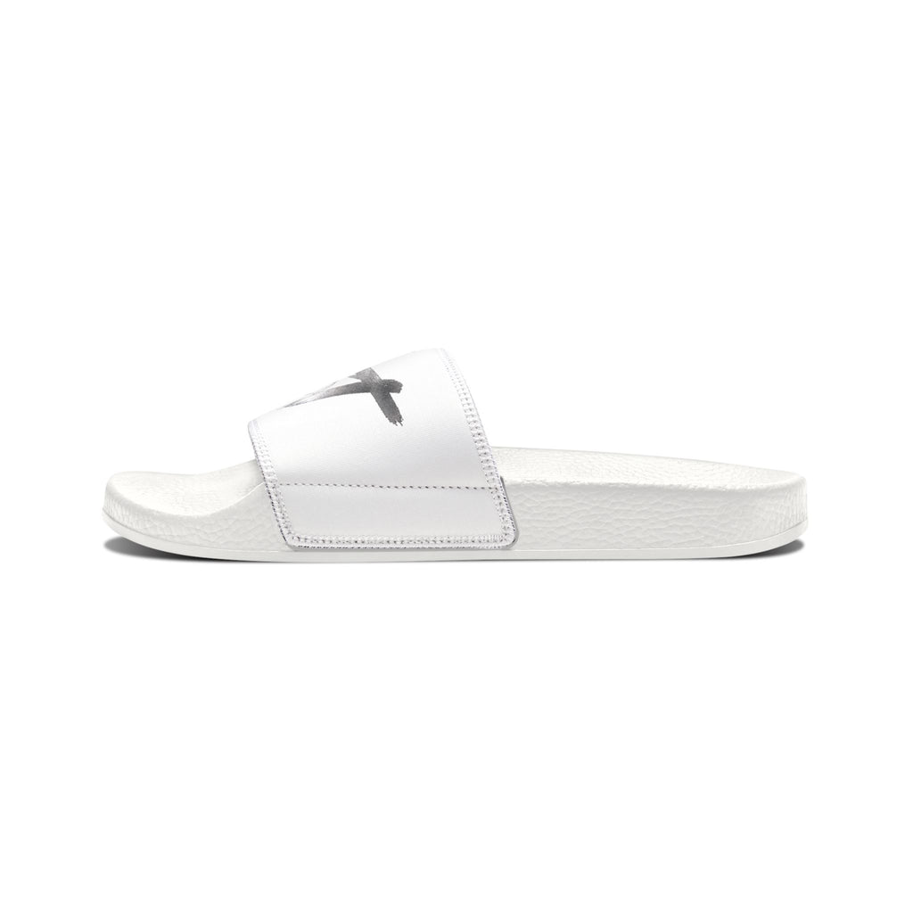 Men’s Removable-Strap Sandals – White Slide Sandals with “JOY” Graphic