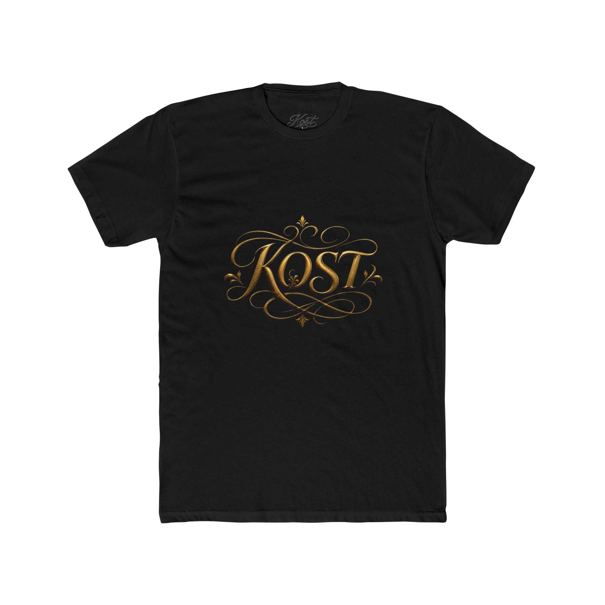 KOST Script Logo Tee — Elegant Gold Calligraphy Cotton T‑Shirt