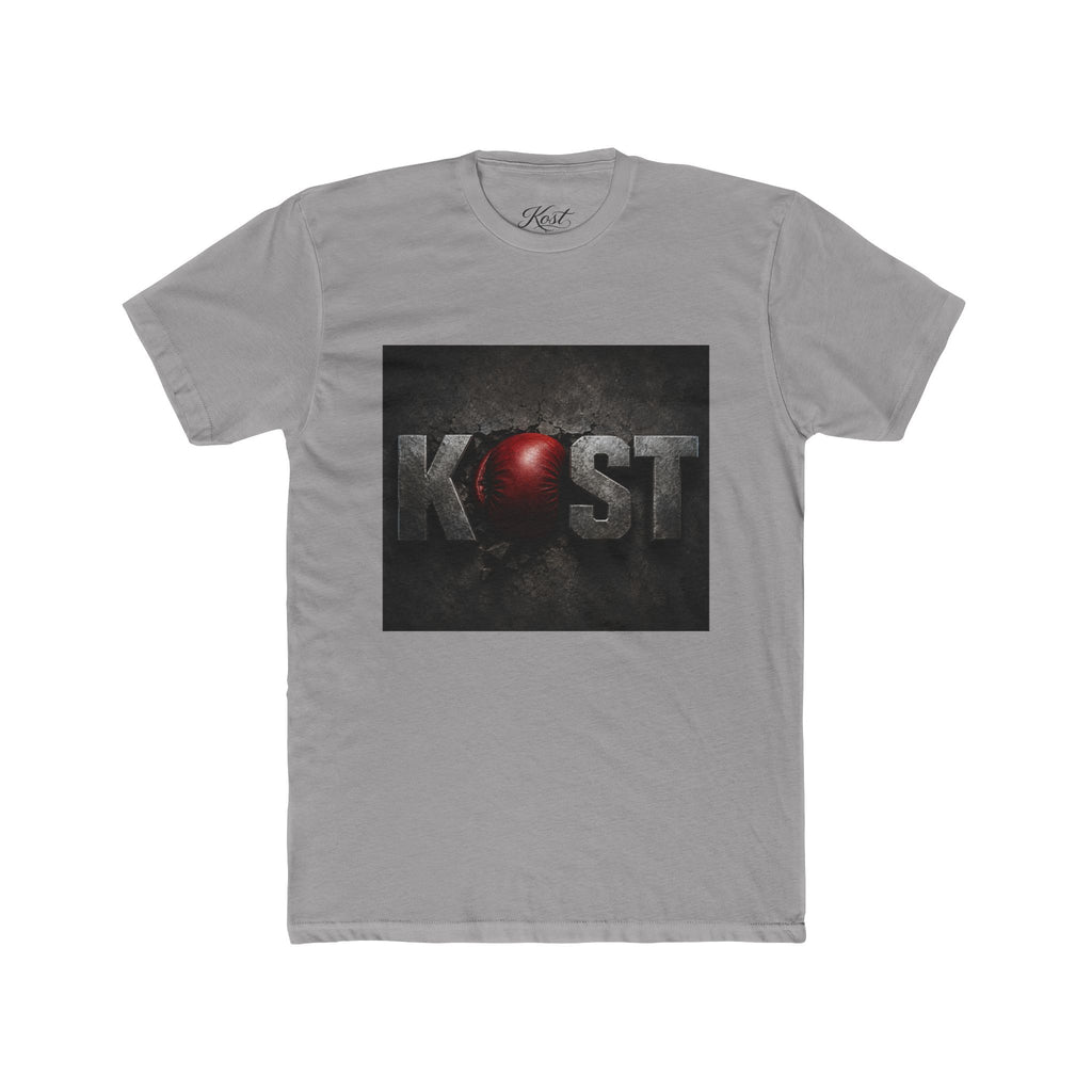 KOST Logo T-Shirt — Distressed Metallic Text with Red Orb Graphic