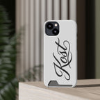 Phone Case with Card Holder – Elegant Black Calligraphy Design