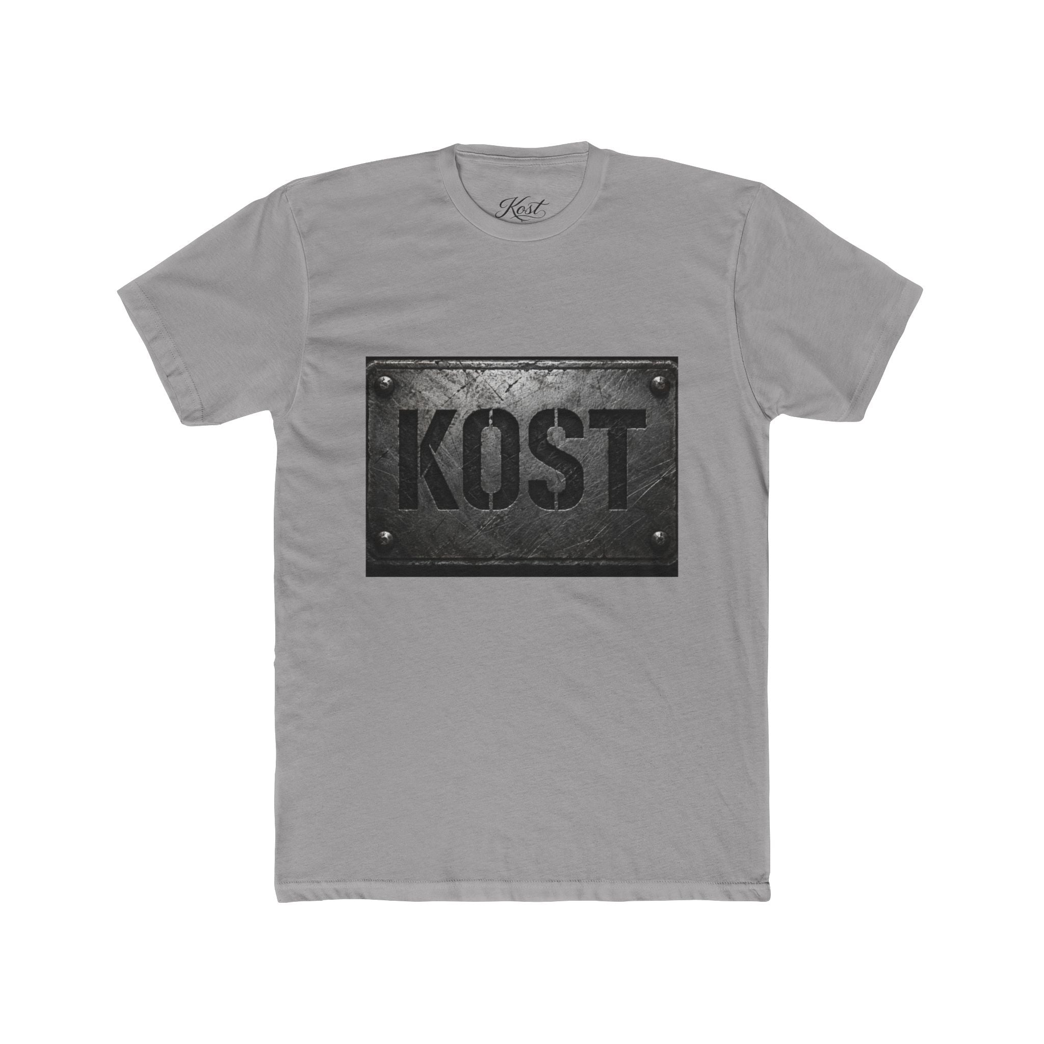 KOST Industrial Metal Plaque T‑Shirt — Vintage Steel Nameplate Tee