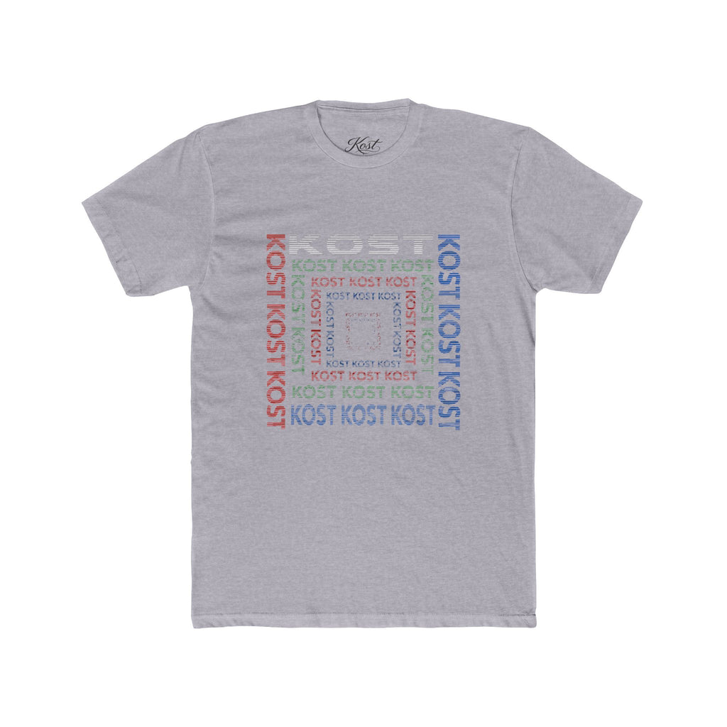 Kost Repeating Text Graphic Tee — Minimal Pastel Square Design