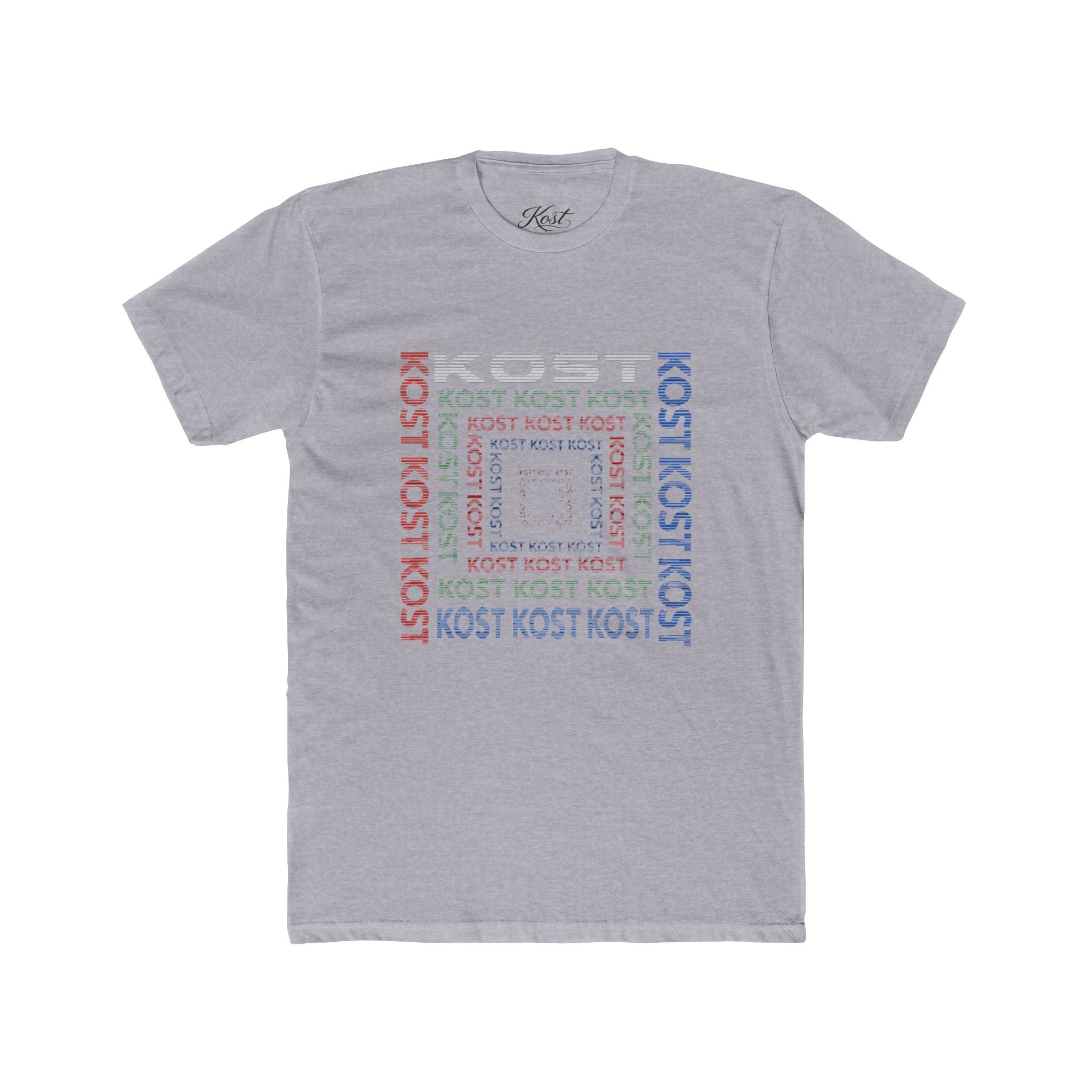 Kost Repeating Text Graphic Tee — Minimal Pastel Square Design