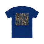 Geometric Maze Graphic Tee — Vintage Blue & Brown Optical Pattern