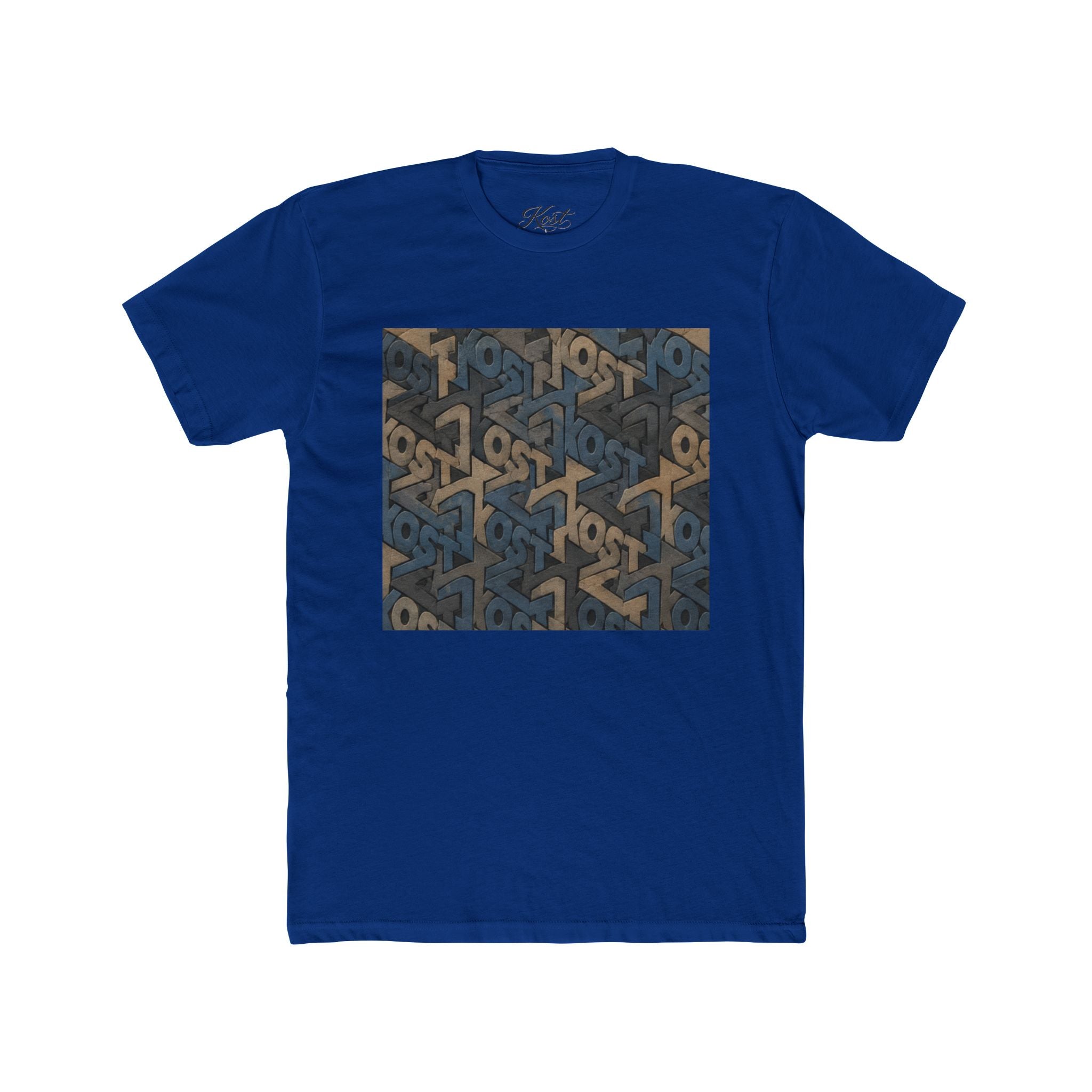 Geometric Maze Graphic Tee — Vintage Blue & Brown Optical Pattern