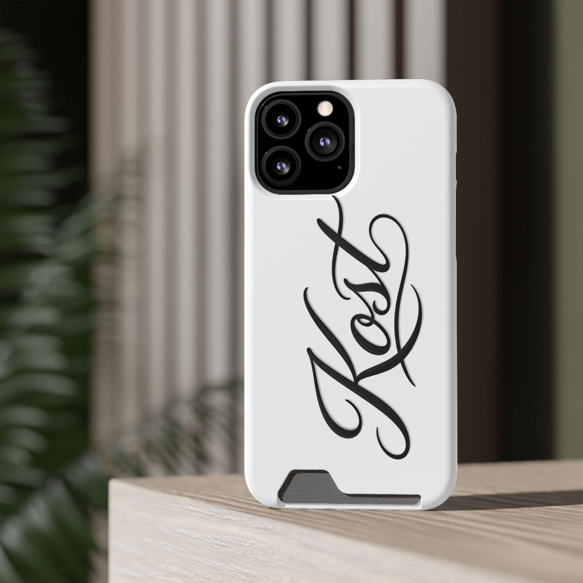 Phone Case with Card Holder – Elegant Black Calligraphy Design