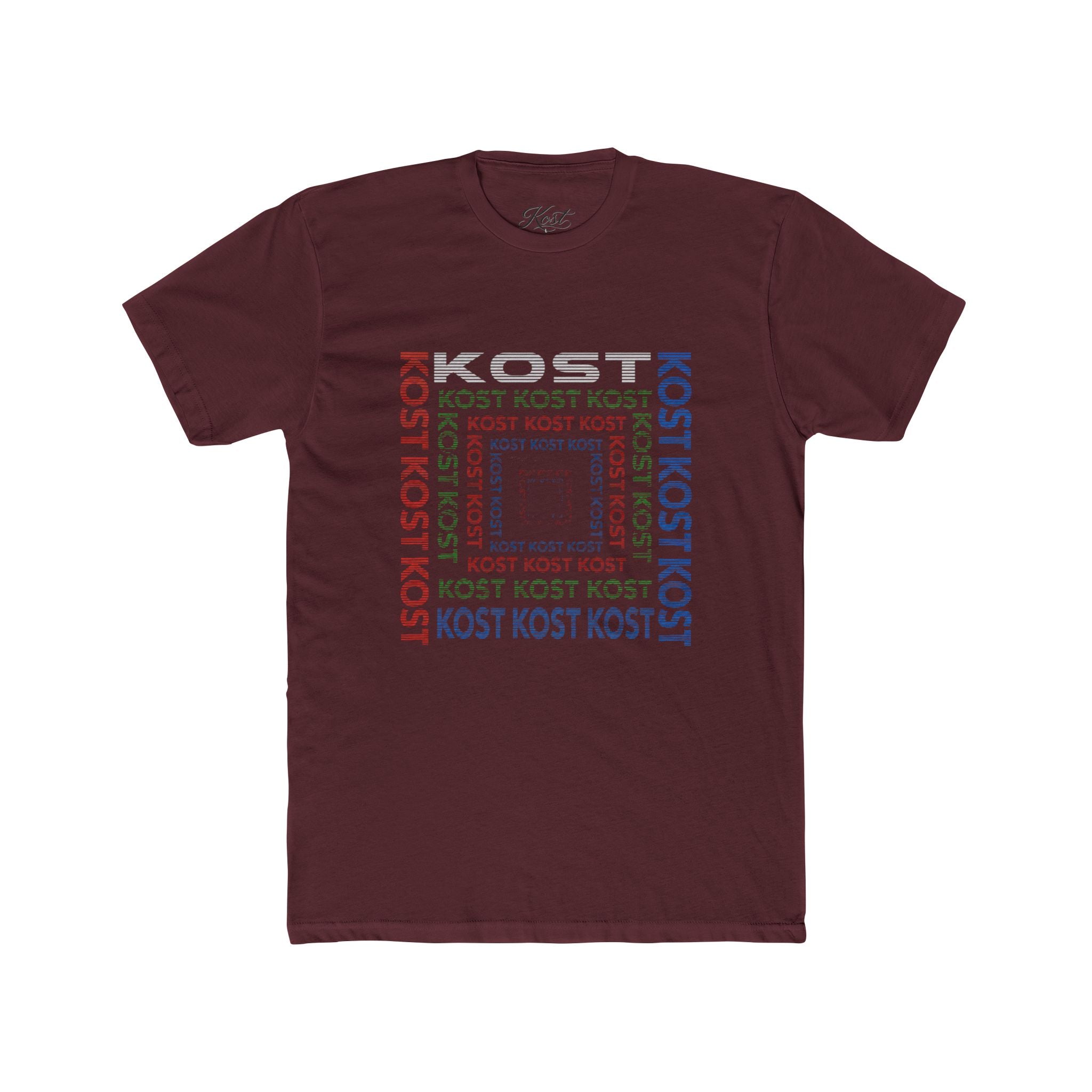Kost Repeating Text Graphic Tee — Minimal Pastel Square Design