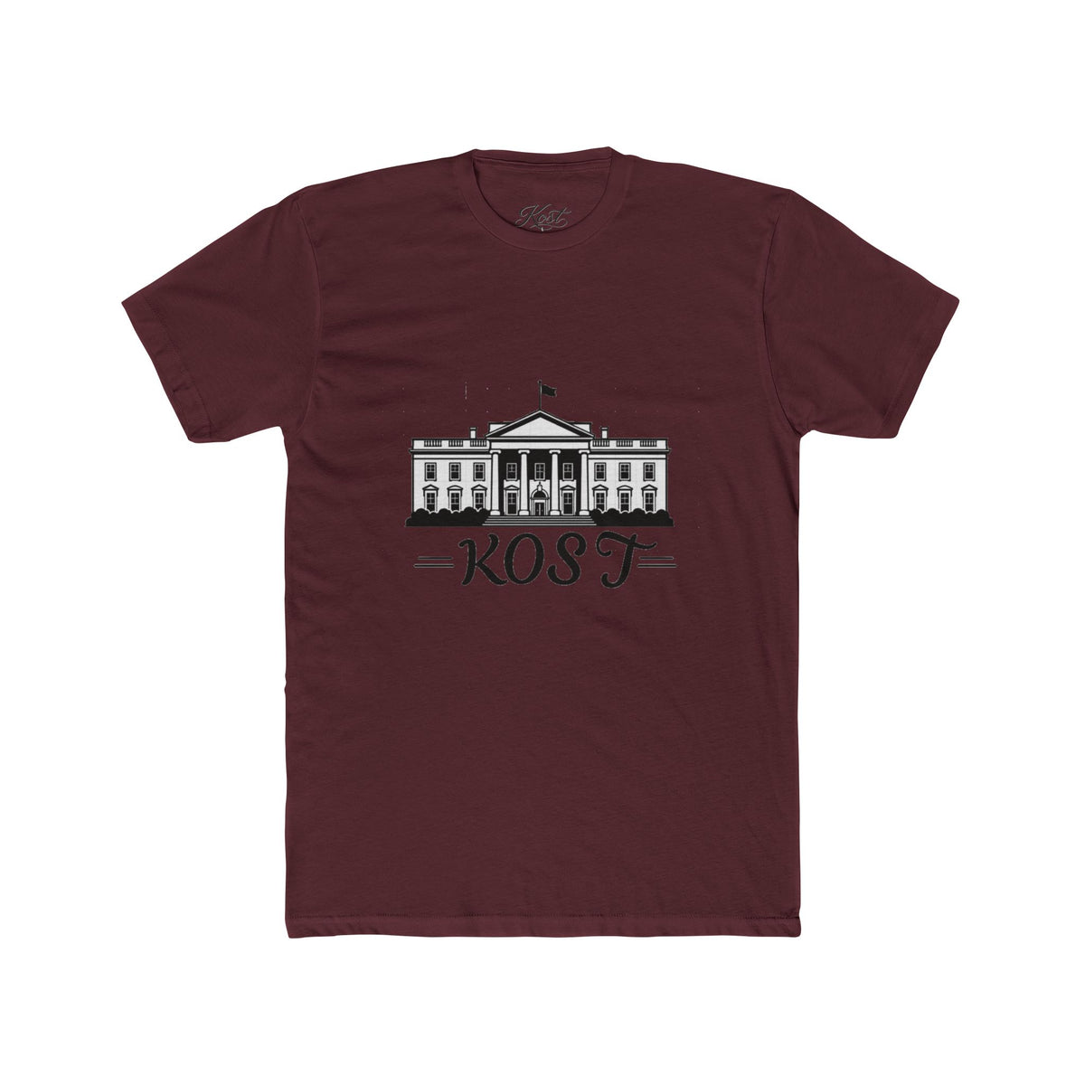 White Tee with White House Illustration and "KOST" Script – Patriotic Graphic T-Shirt