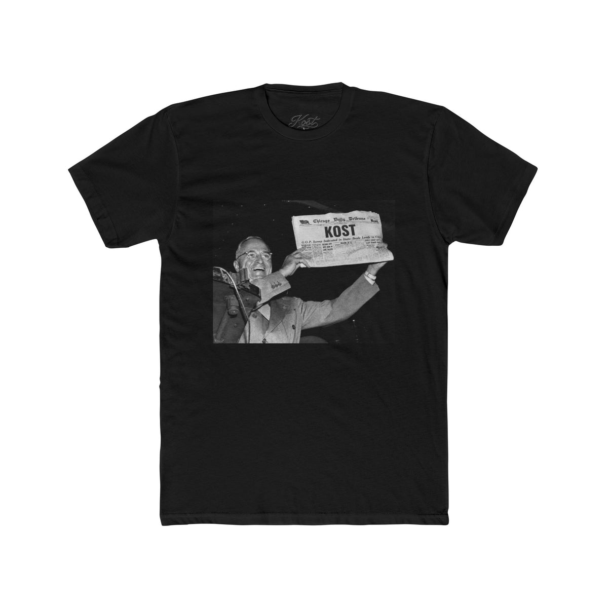Vintage Newsboy ‘KOST’ Photo T‑Shirt — Retro Black & White Graphic Tee