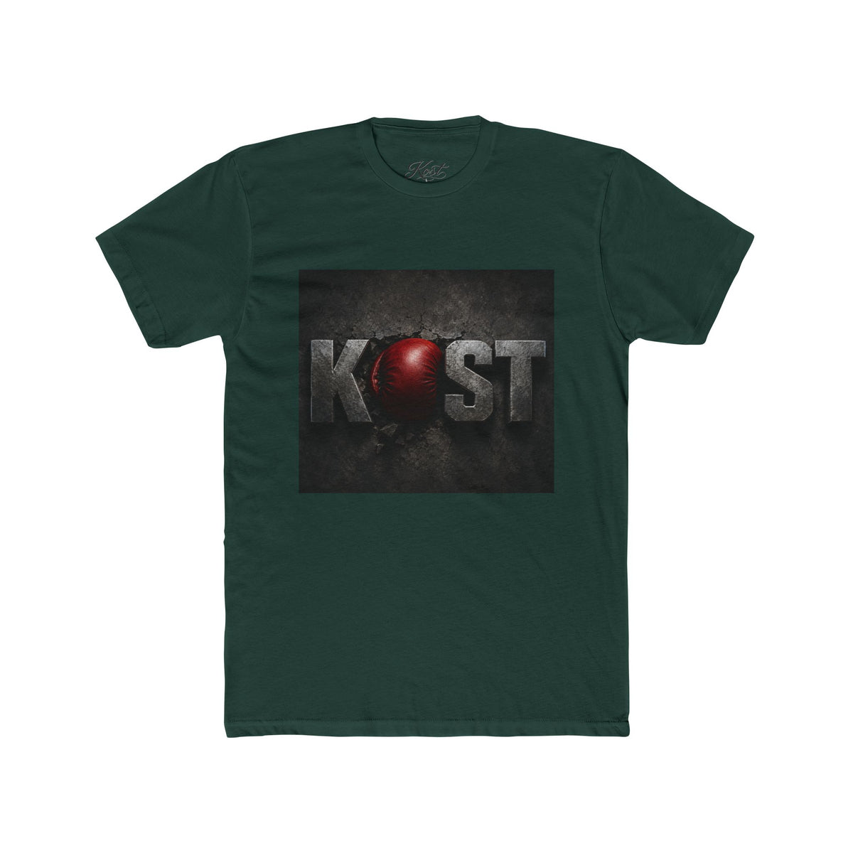 KOST Logo T-Shirt — Distressed Metallic Text with Red Orb Graphic