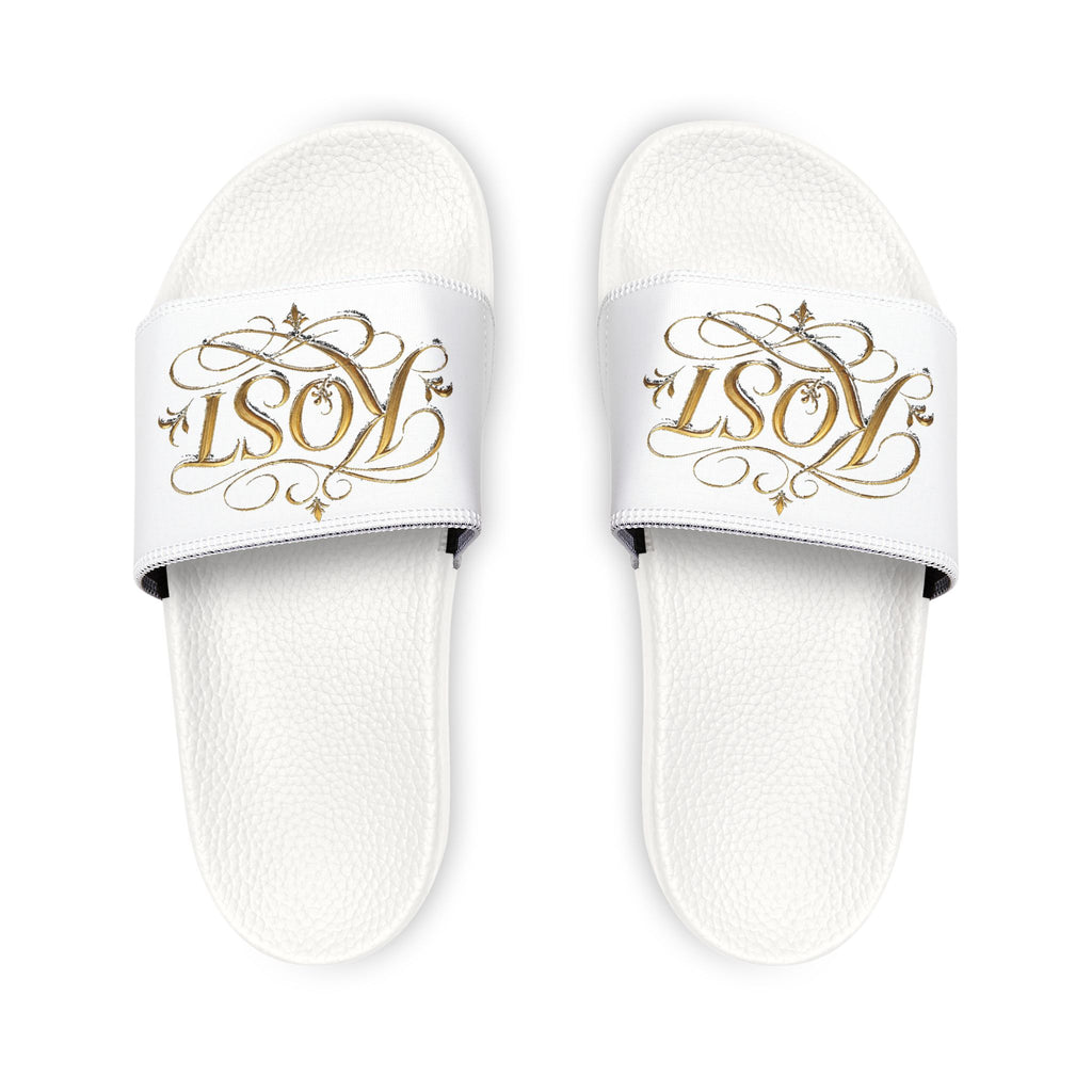 Men’s White Slide Sandals with Gold Rose Monogram