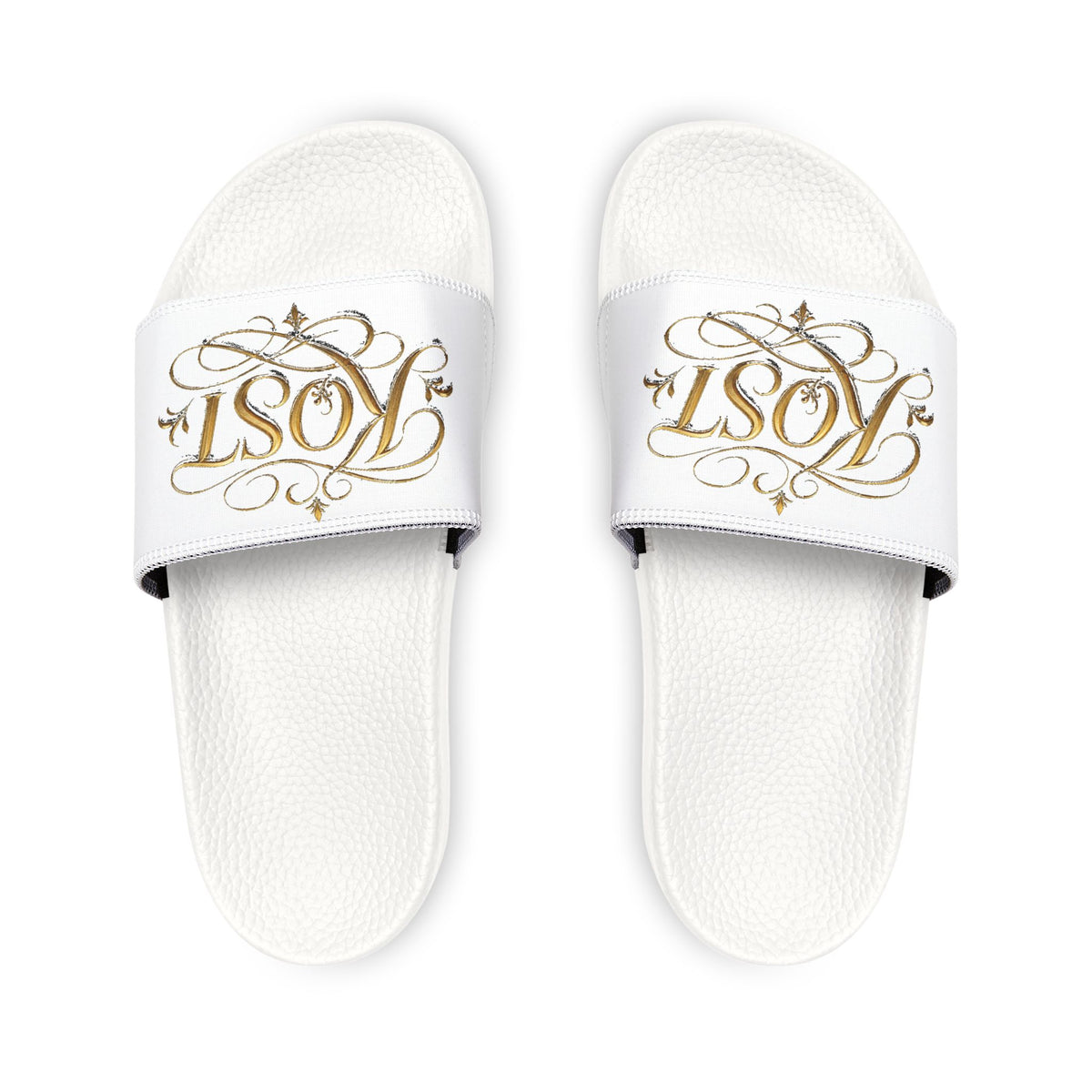 Men’s White Slide Sandals with Gold Rose Monogram