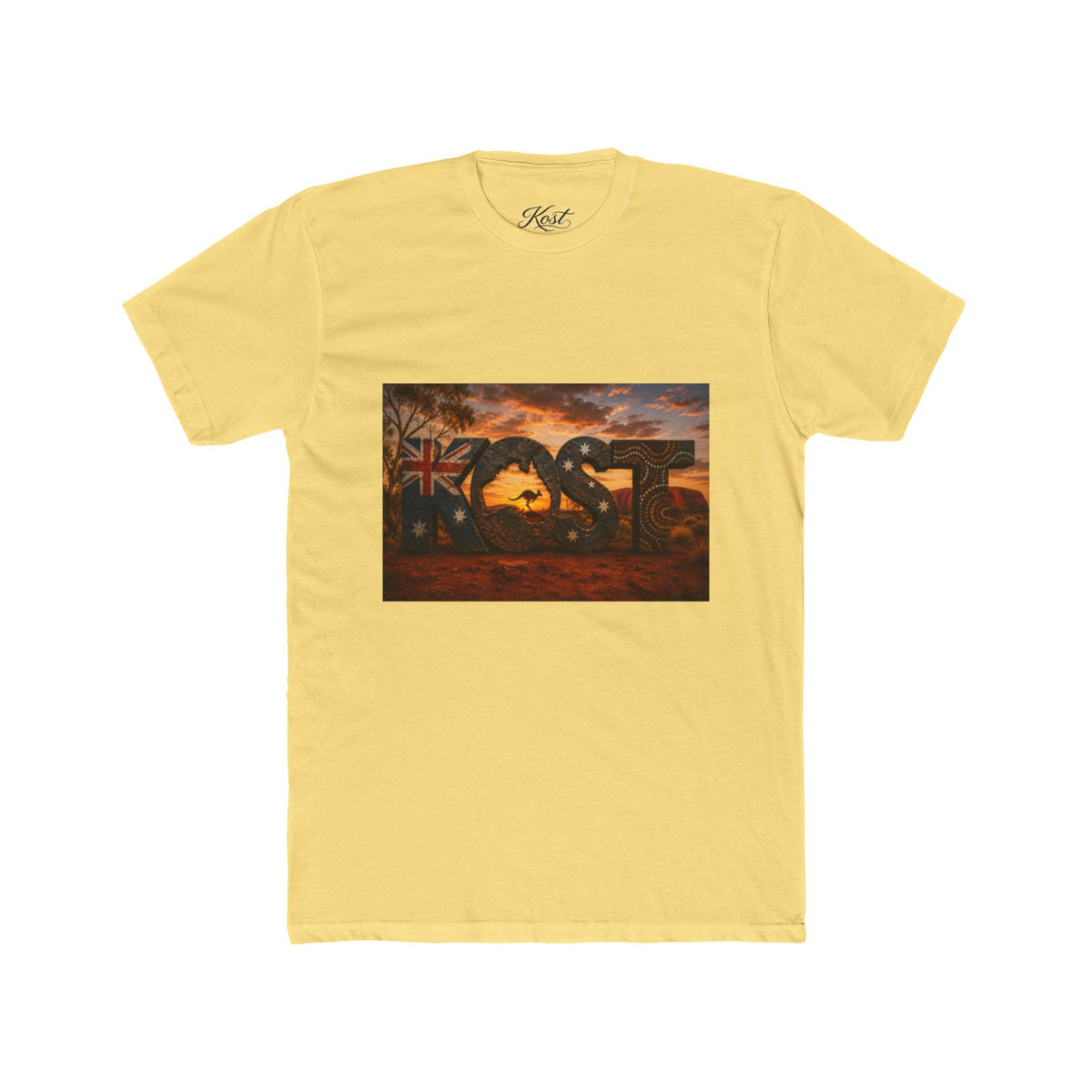 Aussie Sunset Coast T-Shirt — "Aussie" Kangaroo & Boomerang Beach Graphic Tee