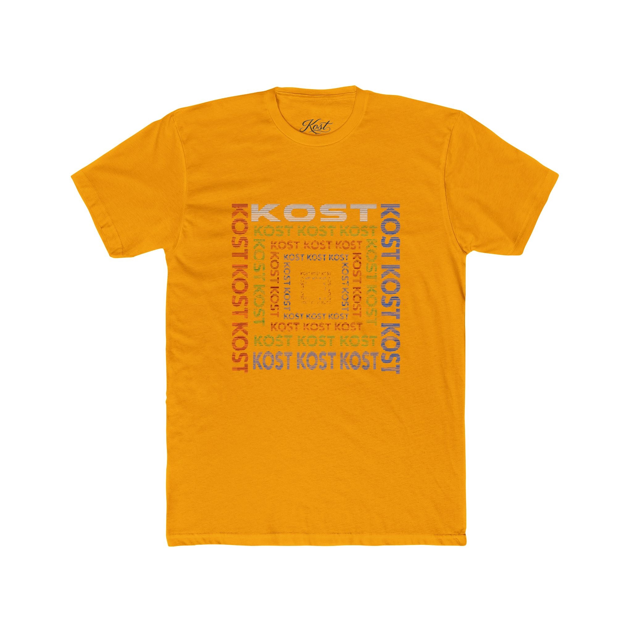 Kost Repeating Text Graphic Tee — Minimal Pastel Square Design