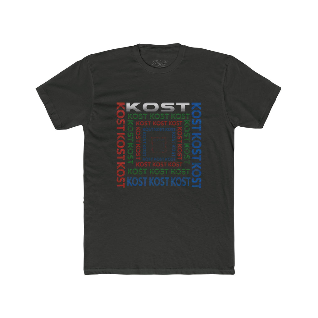 Kost Repeating Text Graphic Tee — Minimal Pastel Square Design