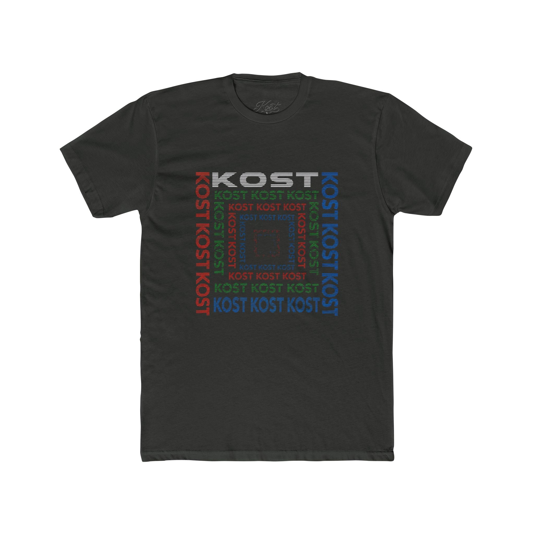 Kost Repeating Text Graphic Tee — Minimal Pastel Square Design