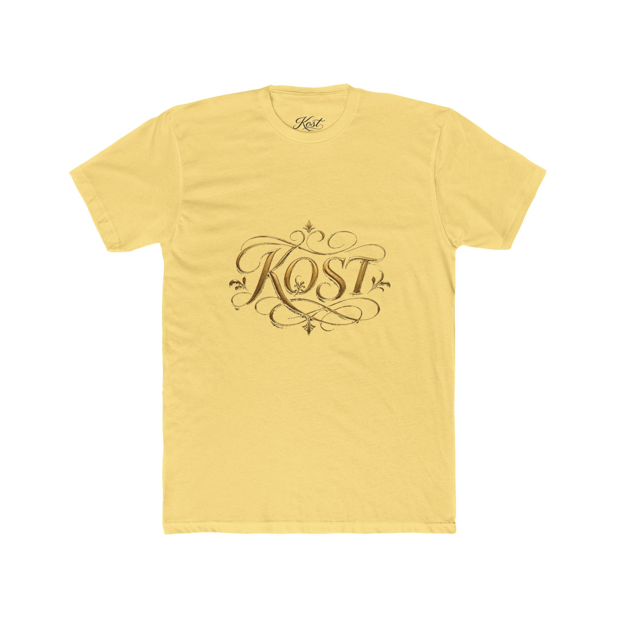 KOST Script Logo Tee — Elegant Gold Calligraphy Cotton T‑Shirt