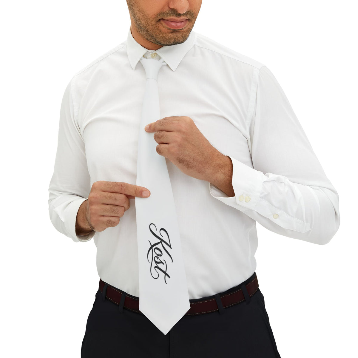 White Necktie with Elegant Monogram Design